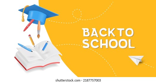 Back to school banner with school supplies on yellow background. Vector 3d illustration. Stationery items. Pens, pencils and marker pens. Educational banner design