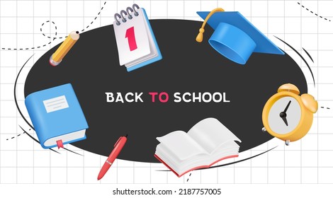 Back to school banner with school supplies on black background. Vector 3d illustration. Stationery items. Pens, pencils and marker pens. Educational banner design