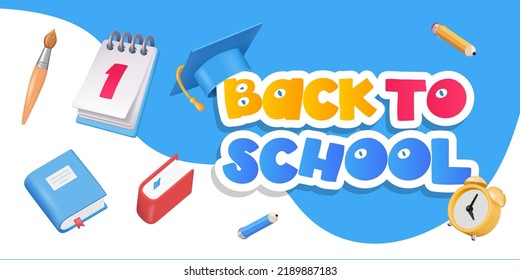 Back to school banner with school supplies on blue background. Vector 3d illustration. Stationery items. Pens, pencils and marker pens. Educational banner design