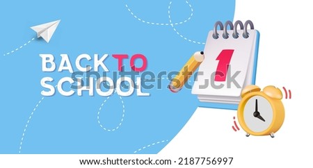 Back to school banner with school supplies on blue background. Vector 3d illustration. Stationery items. Pens, pencils and marker pens. Educational banner design