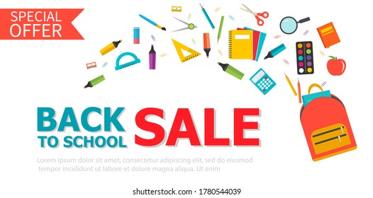 Back to school banner with school supplies set for flying, vector illustration