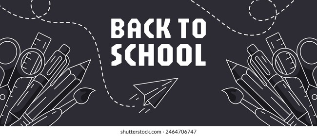 Back to school banner with school supplies, stationery. Horizontal minimalist design, line icons. Education, learning, concept. For web, social media, header, advertising, poster, flyer or event