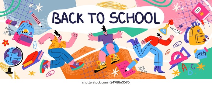 Back to school banner. School supplies, stationery, students. Abstract banner poster with hand drawn cartoon doodle design elements.