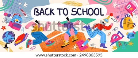 Back to school banner. School supplies, stationery, students. Abstract banner poster with hand drawn cartoon doodle design elements.