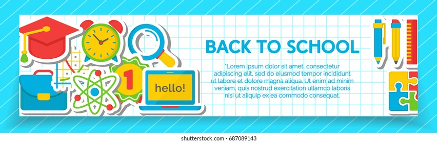 Back to school banner with school supplies such us alarm, computer, pen, pencil, lens, portfolio on checkered board isolated on blue background. Vector Illustration