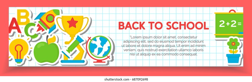 Back to school banner with school supplies such us lightbulb, apple, award, rocket, alphabet, globe microscope, chalkboard on checkered board isolated on blue background. Vector Illustration