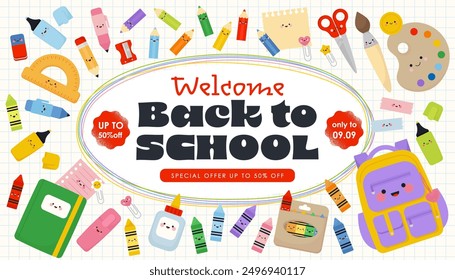 Back to School banner with school supplies. Vector illustration in cute kawaii style