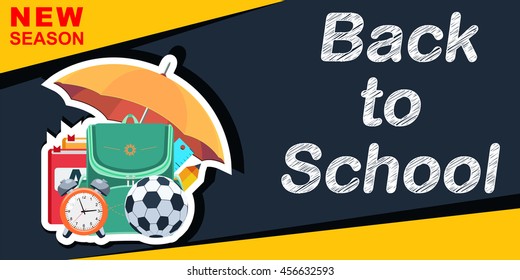 Back to School banner with school supplies, vector illustrations.