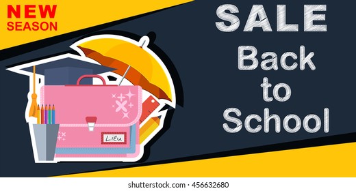 Back to School banner with school supplies, vector illustrations.