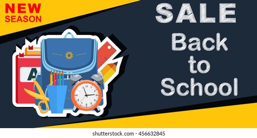 Back to School banner with school supplies, vector illustrations.