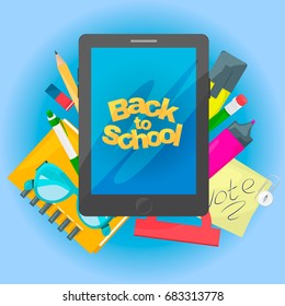 Back to school banner. Tablet with text and School tools. Vector illustration