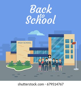 Back to school banner. Teacher with pupils on school yard. World Book Day. Awareness professor with appreciated students. Education concept. Vector illustration.