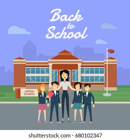 Back to school banner. Teacher with pupils on school yard. Awareness professor with appreciated students. Education concept. Vector illustration.