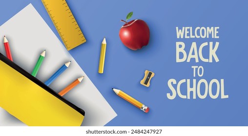 Back to School banner template with apple, crayons, ruler, pencil, paper, sharpener and blue background. Vector for school greeting text, sale, promo, social media, website, advertising, flyer.