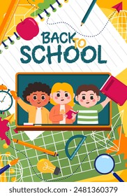 Back to school banner template. Background design with children and education accessories element. Hand drawn flat design for poster , wallpaper, website and cover template. 