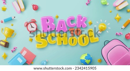Back to School banner template with school backpack,pencil,books,alarm clock and School elements.Back to School campaign in flat lay styling,Promotion and shopping template for education concept