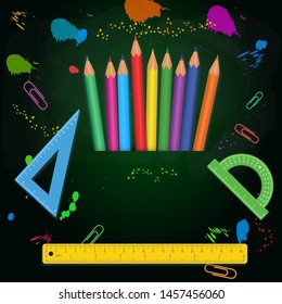 Back to school banner template with colorful pencils, measure rulers, protractors isolated on abstract green chalkboard background with paint splashes. Design element for poster, education supplies