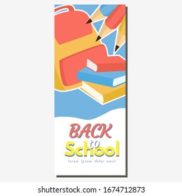 Plantilla de banner de regreso a la escuela que consiste en elementos y elementos escolares. Ilustración vectorial. Adecuado para carteles, afiches, volantes. Diseño creativo de ilustración vectorial de publicidad.