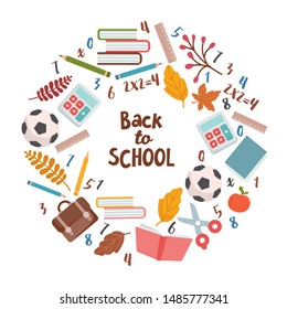 Back to school banner template. Cute illustration with autumn leaves, ball, pen and book. Design for school card, knowledge science university and college promotion.