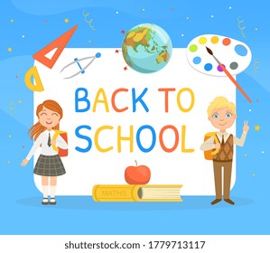 Back to School Banner Template with Cute Elementary School Students in Uniform and Supplies Tools Cartoon Vector Illustration