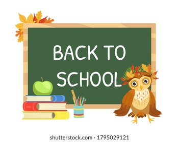 Back to School Banner Template with Cute Wise Owl Bird Character Cartoon Vector Illustration