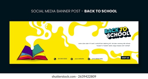Back to school. banner template design with colorful open book and flat smoke in yellow background. back to school banner template
