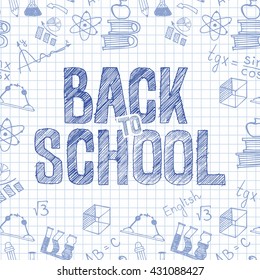 Back to school banner template with  different school objects. Hand drawn lettering back to school