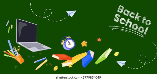 Back to school banner template with educational elements on green chalkboard style backdrop for education banners social media posts school promotions online learning presentations.Vector illustration