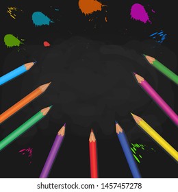 Back to school banner template with frame of colorful pencils isolated on abstract blackboard background with paint splashes. Design element for poster, education supplies, promotion. Copy space