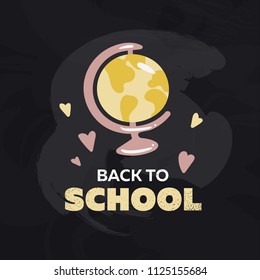 Back to school banner template with funny doodle globe with text and hearts. Pastel color illustration on dark background. School blackboard with illustration of school supplies