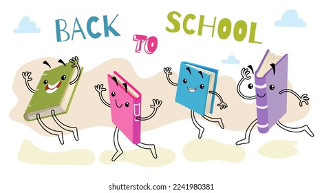 Back to school banner template. Funny running book characters on the bright colorful background. Kawaii chidi style.