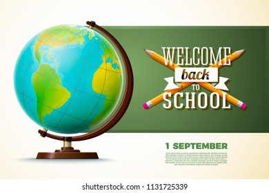 Back to school banner template, with globe and chalkboard. Vector illustration.