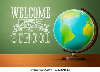 Back to school banner template, with globe on a table and chalkboard. Vector illustration.