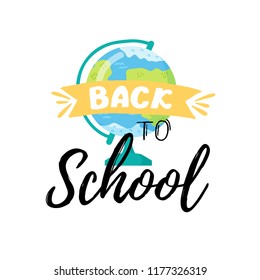 Back to school banner template, with globe and autumn leaves . Vector illustration.