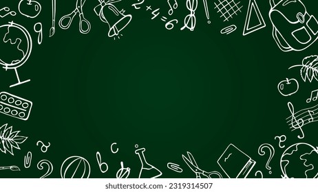 Back to school banner template. Green board with hand drawn school supplies. Education. School time, learning. Pen, globe, backpack, ruler, book, brush, notes, book, numbers, letters, paints, ball