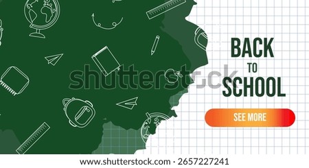 Back to school banner template with green chalkboard and outlined school supplies on graph paper background. Vector illustration for education-themed designs and promotions
