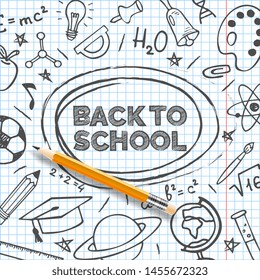 Back to school banner template. Hand drawn vector educational supplies on list sheet and a pencil