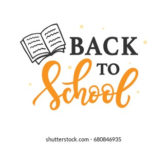 Back to school banner template with hand drawn ink modern calligraphy and doodles. Lettering logo badge, isolated on white. Vector illustration.