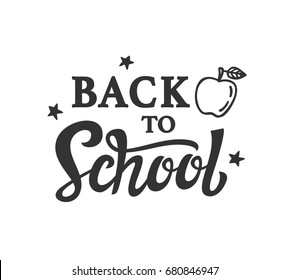 Back to school banner template with hand drawn ink modern calligraphy and apple doodle. Lettering logo badge, isolated on white. Vector illustration.