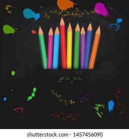 Back to school banner template with heap of colorful pencils isolated on abstract black chalkboard background with paint splashes. Design element for poster, office supplies, shopping, promotion