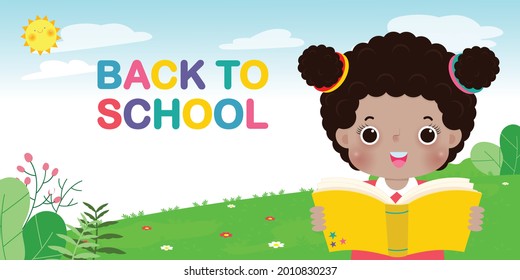 back to school banner Template, kids reading book education concept for advertising brochure, your text,Kids and frame, child and frame, cartoon happy children isolated Vector Illustration