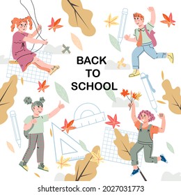 Back to school banner template with kids characters. Autumn sale of school suplies and children clothing, cartoon flat vecto illustration.