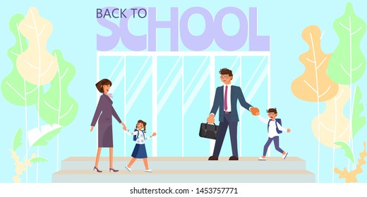 Back to school banner template. Mother and father leading their children to school concept. Child with parents go to education. Flat Art Vector illustration