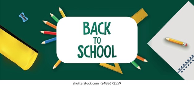 Back To School banner template with pen, notebook, pencil case, ruler and green background. Vector illustration. Poster for website, education elements, advertising, social media, cover, greeting card