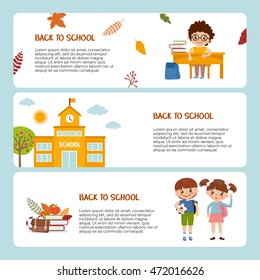 Back to school banner template. Pupil at school desk, happy kids, autumn leaves and college. Great design for school card, knowledge science university and college promotion.