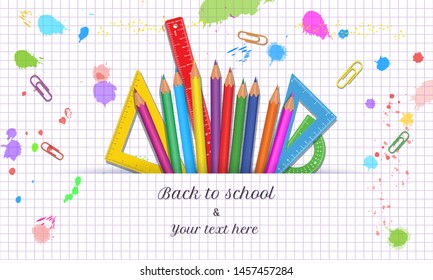 Back to School banner template with realistic colorful school supplies isolated on abstract white background with grid paper pattern, paint splashes and splatter. Measure ruler, protractor, pencils