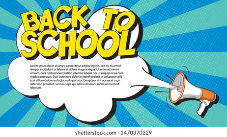 back to school banner template in retro pop art style with text field. loudspeaker and text on colorful background. vintage vector illustration easy to edit and customize. eps 10 