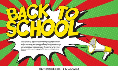 back to school banner template in retro pop art style with text field. loudspeaker and text on colorful background. vintage vector illustration easy to edit and customize. eps 10 