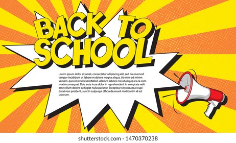 back to school banner template in retro pop art style with text field. loudspeaker and text on colorful background. vintage vector illustration easy to edit and customize. eps 10 