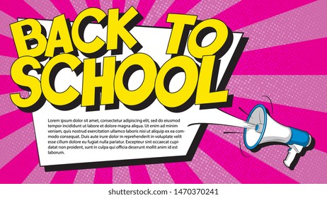 back to school banner template in retro pop art style with text field. loudspeaker and text on colorful background. vintage vector illustration easy to edit and customize. eps 10 